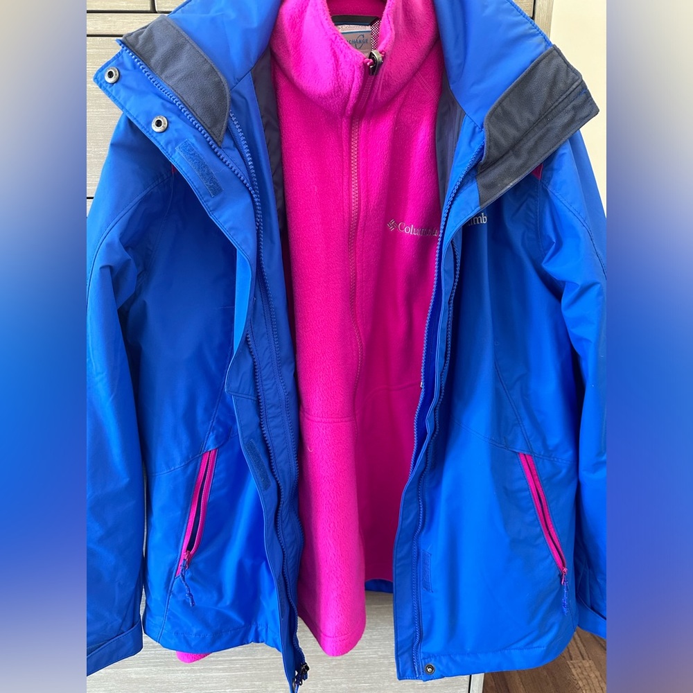 COLUMBIA SKI SET BLUE/PINK COMBO JACKET WITH INSERT REMOVABLE FLEECE  AND PANTS